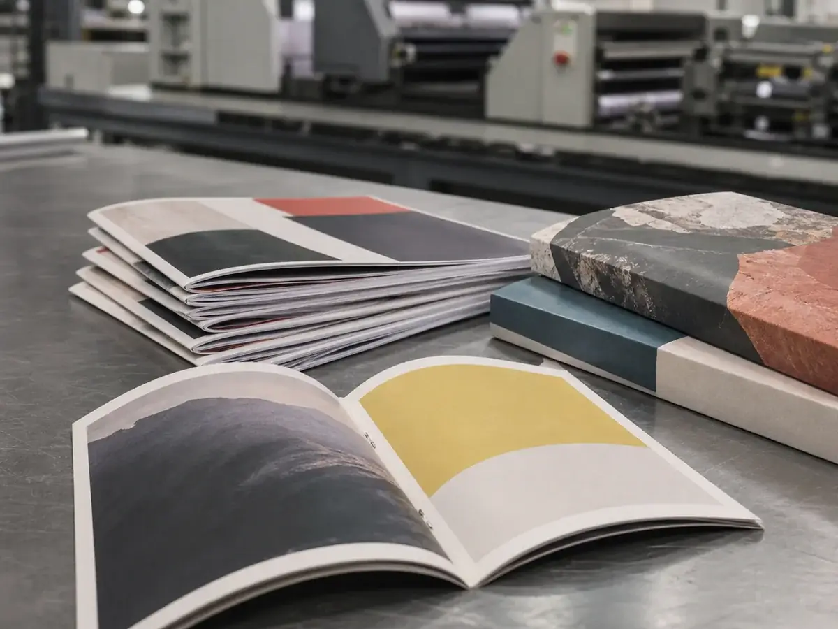 Revistas grampeadas e livros encadernados em uma mesa de inspeção gráfica