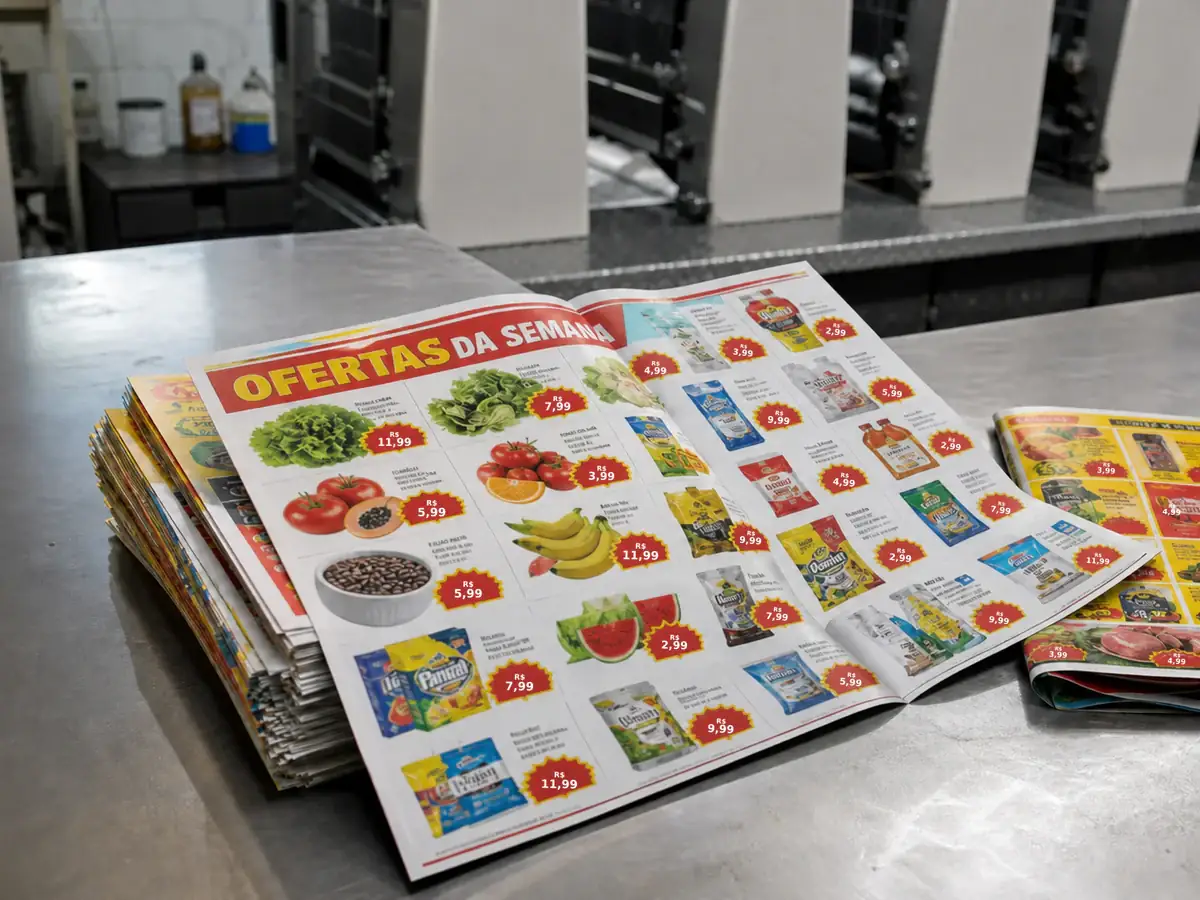 Folhetos promocionais dobrados e empilhados em uma mesa de produção