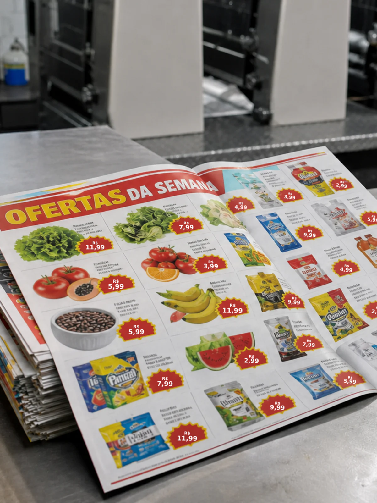 Folhetos promocionais dobrados e empilhados em uma mesa de produção