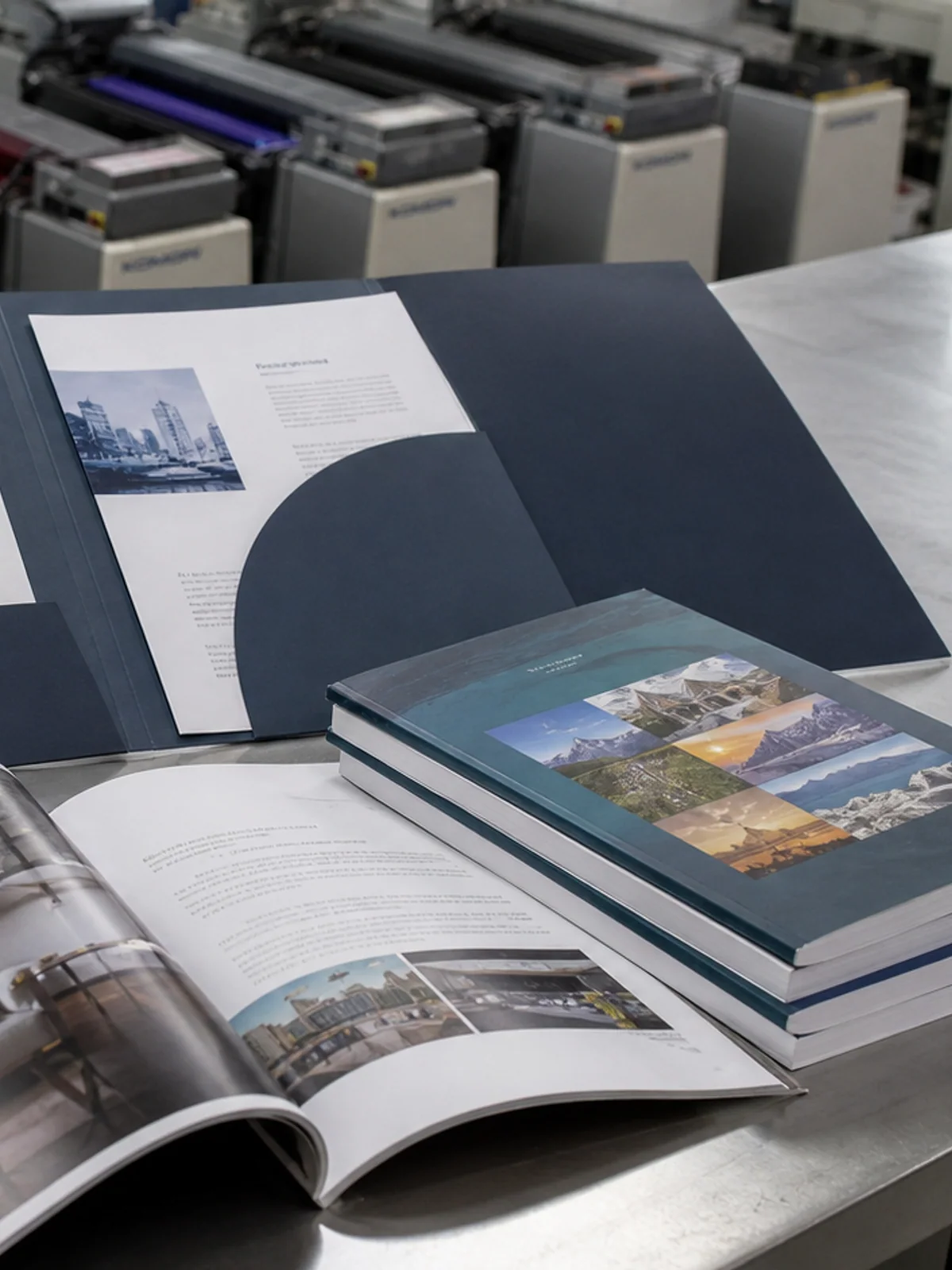 Folheto, pasta, revista e livros finalizados sobre uma mesa de inspeção gráfica