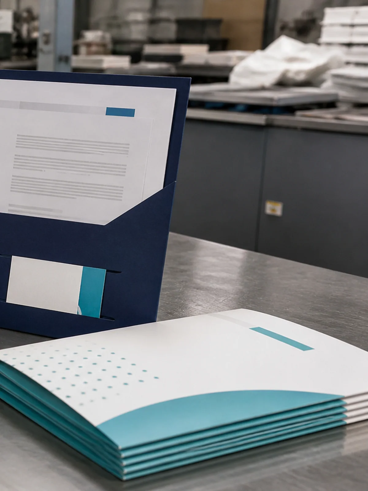 Pastas institucionais finalizadas com bolso, encaixe para cartão e documentos